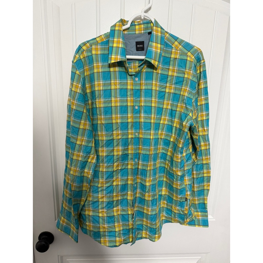 Hugo Boss Button Down Mens XL Slim Fit Plaid Teal Yellow Green Long Sleeve EUC